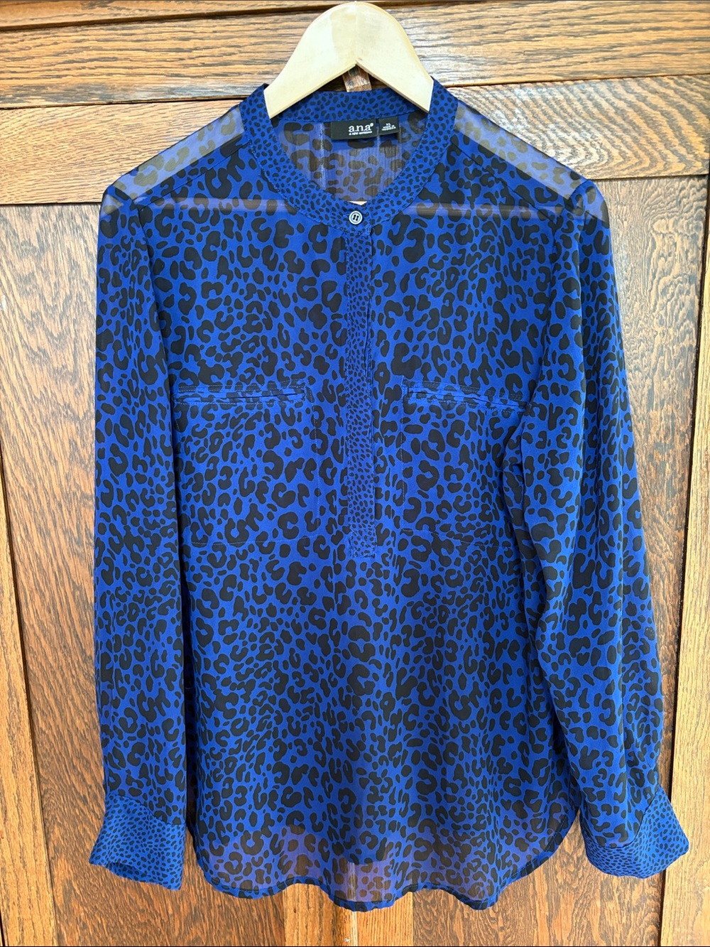 A.N.A.Royal Blue and Black Leopard Print Sheer Blouse